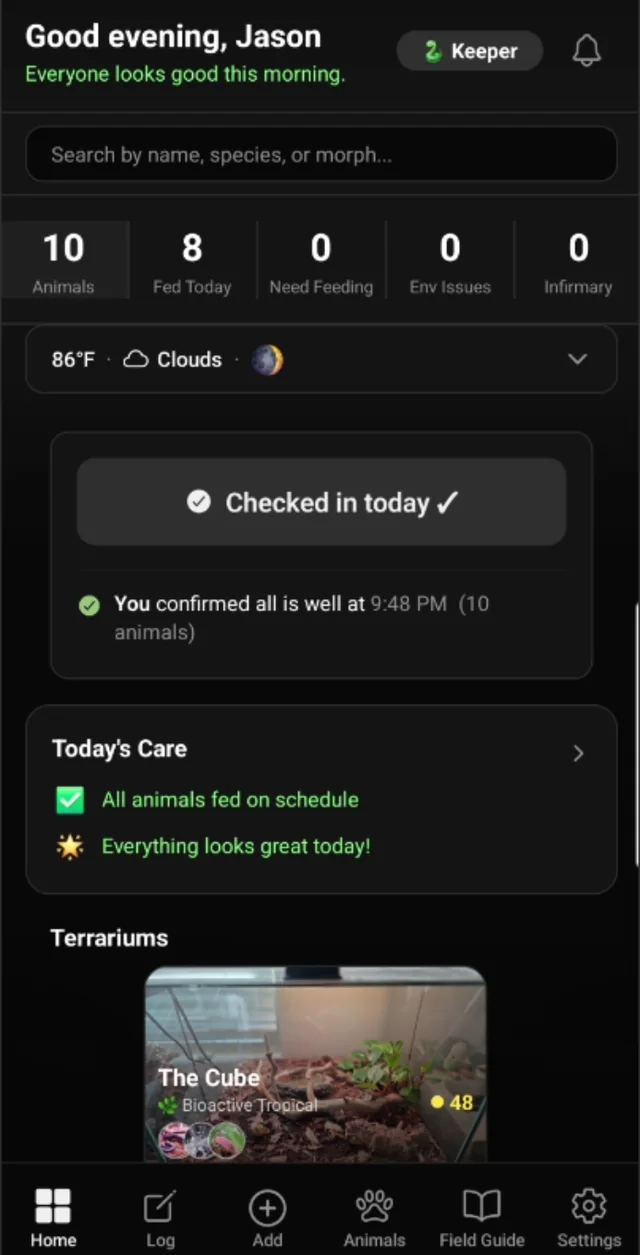 Menagerie home screen: ten animals, all fed, today's care complete